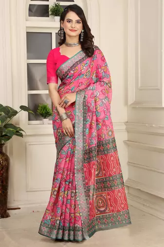 cream cotton blend saree with floral print