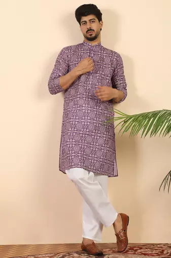 Ethnic motifs jaipuri printed cotton purple kurta