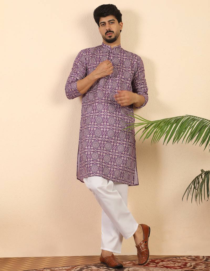 Ethnic motifs jaipuri printed cotton purple kurta