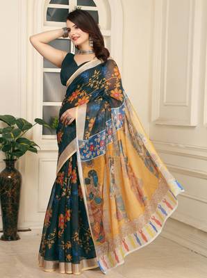 women's black yellow cotton linen digital print saree 3