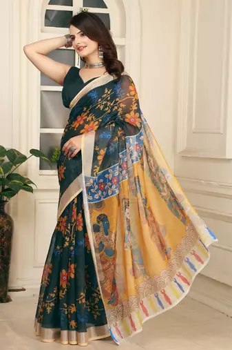 women's black yellow cotton linen digital print saree