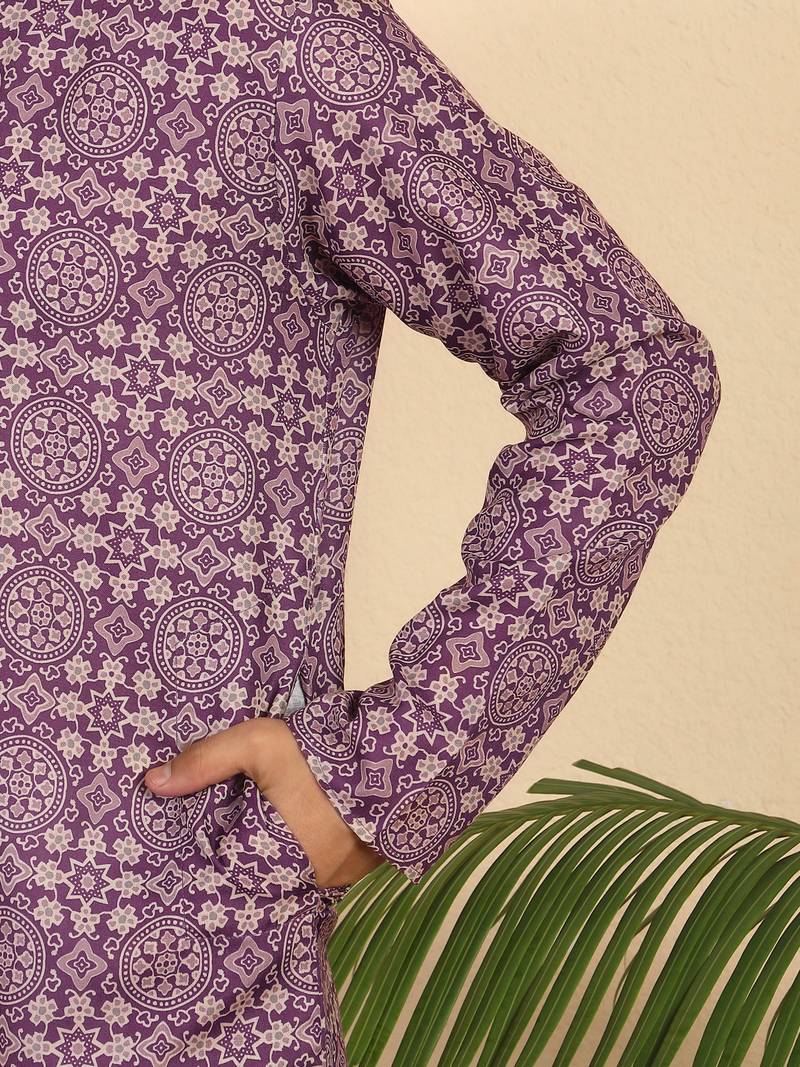 Ethnic motifs jaipuri printed cotton purple kurta