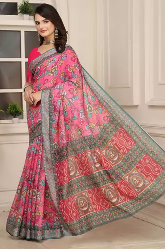cream cotton blend saree with floral print