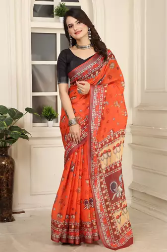 orange red cotton blend digital print saree