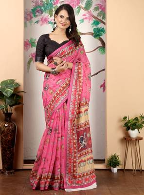 pink cotton blend saree with floral print 1