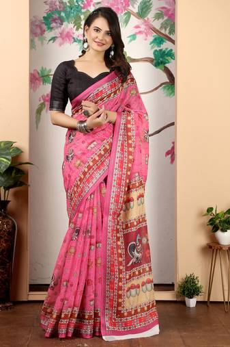 pink cotton blend saree with floral print