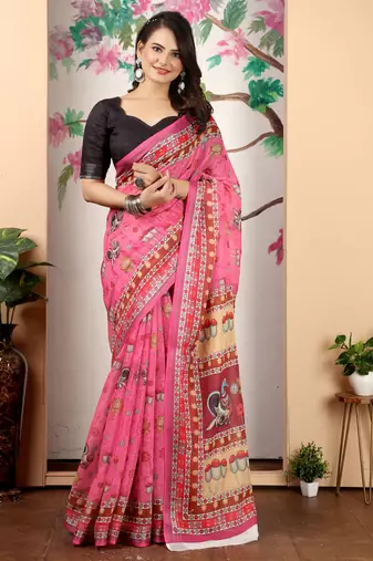 pink cotton blend saree with floral print