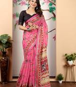 pink cotton blend saree with floral print