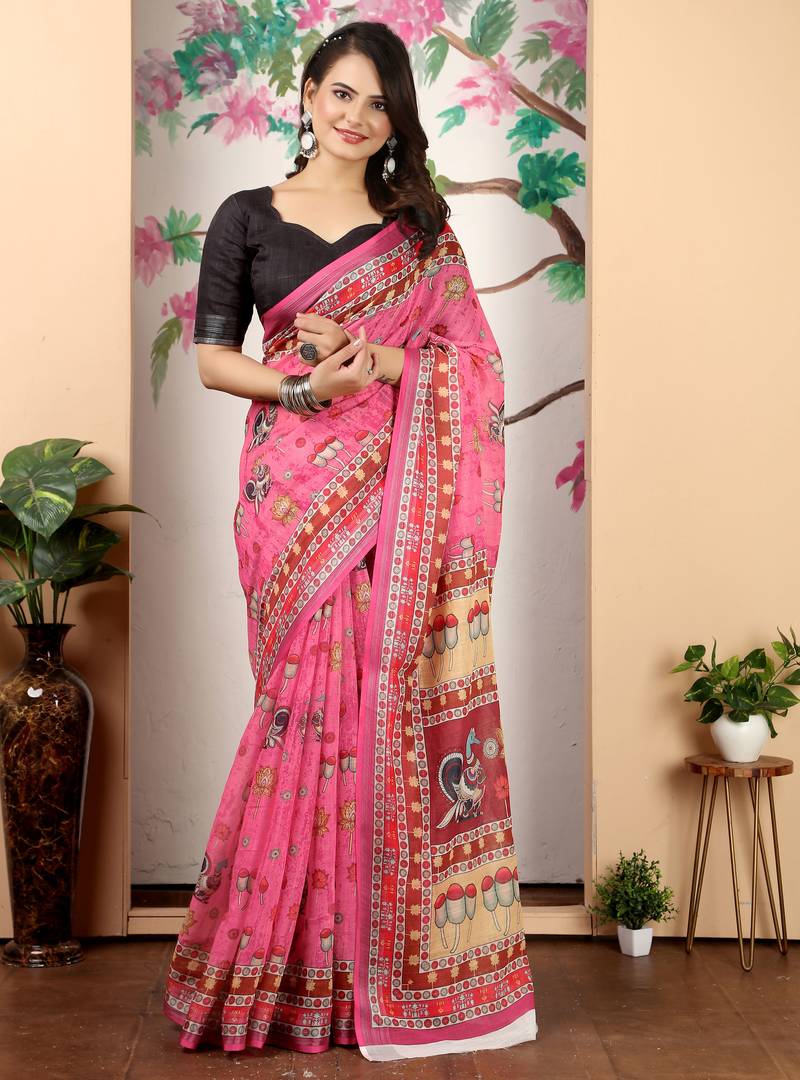 pink cotton blend saree with floral print