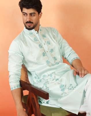 Cotton silk embroidered floral mint green kurta 1