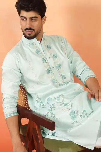 Cotton silk embroidered floral mint green kurta
