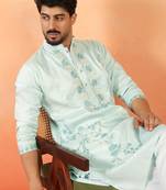 Cotton silk embroidered floral mint green kurta