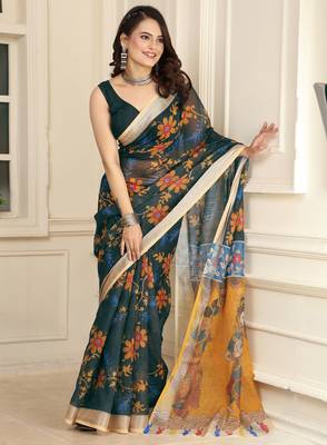 women's black yellow cotton linen digital print saree 4