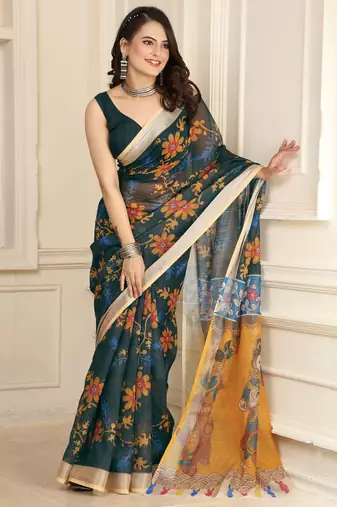 women's black yellow cotton linen digital print saree
