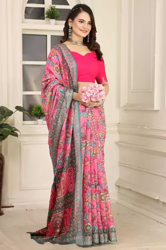 cream cotton blend saree with floral print