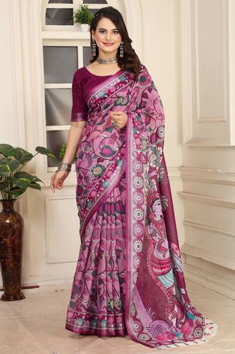 magenta cotton blend saree floral print