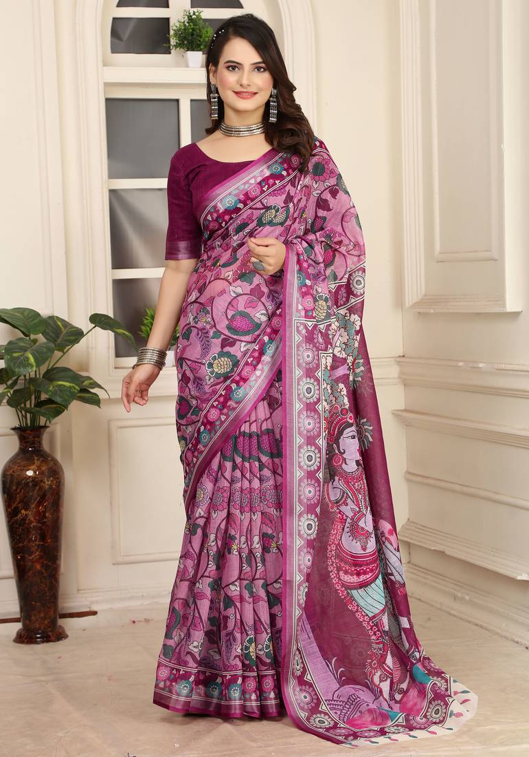 magenta cotton blend saree floral print