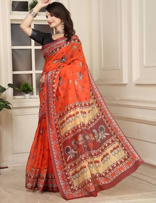 orange red cotton blend digital print saree 3