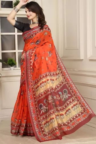 orange red cotton blend digital print saree