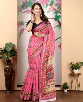 pink cotton blend saree with floral print 2