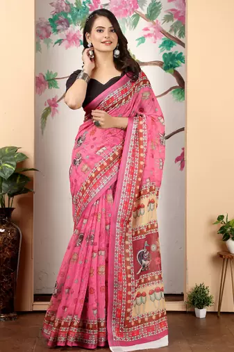 pink cotton blend saree with floral print