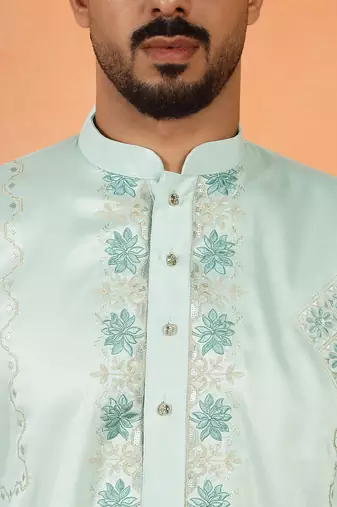 Cotton silk embroidered floral mint green kurta