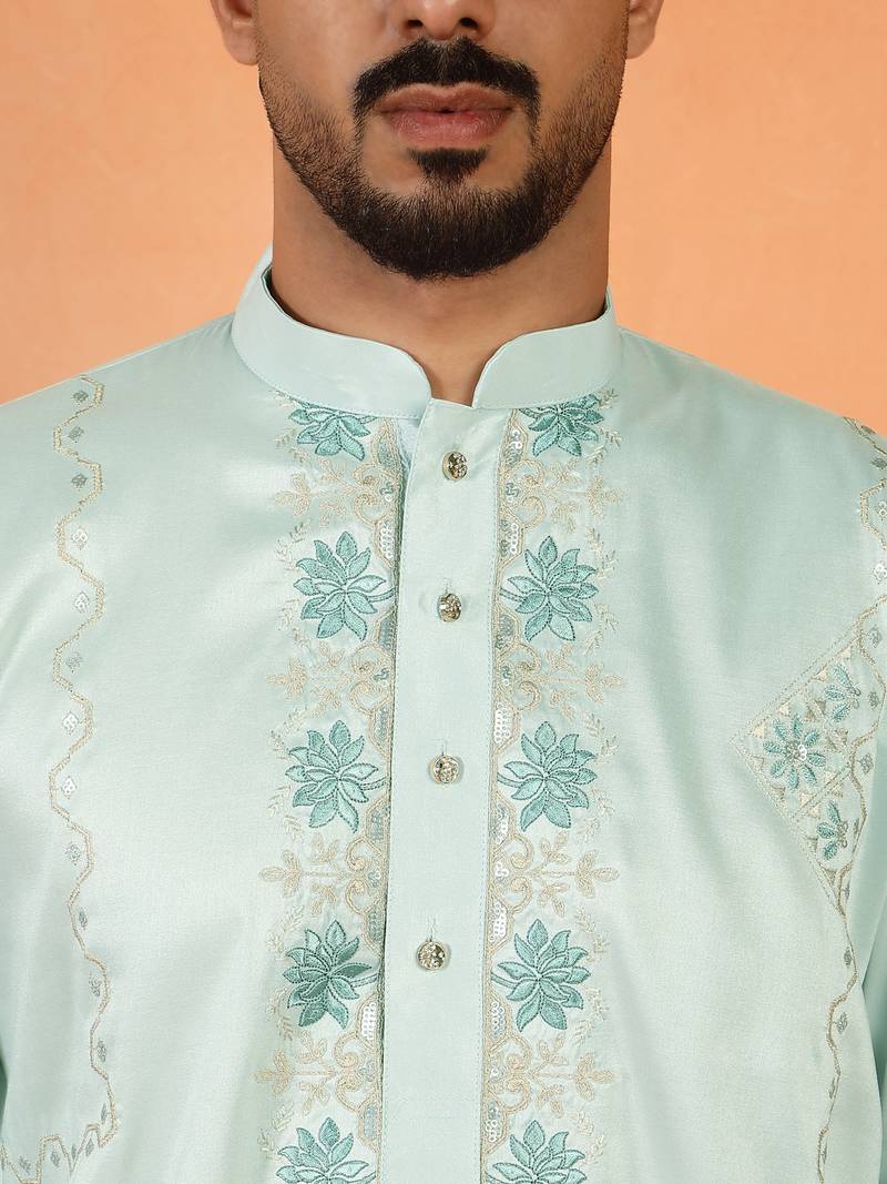 Cotton silk embroidered floral mint green kurta