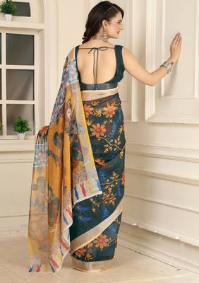 women's black yellow cotton linen digital print saree 5