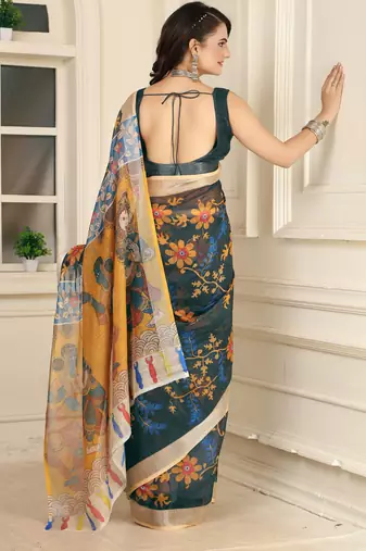 women's black yellow cotton linen digital print saree