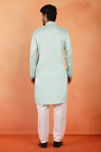 Cotton silk embroidered floral mint green kurta