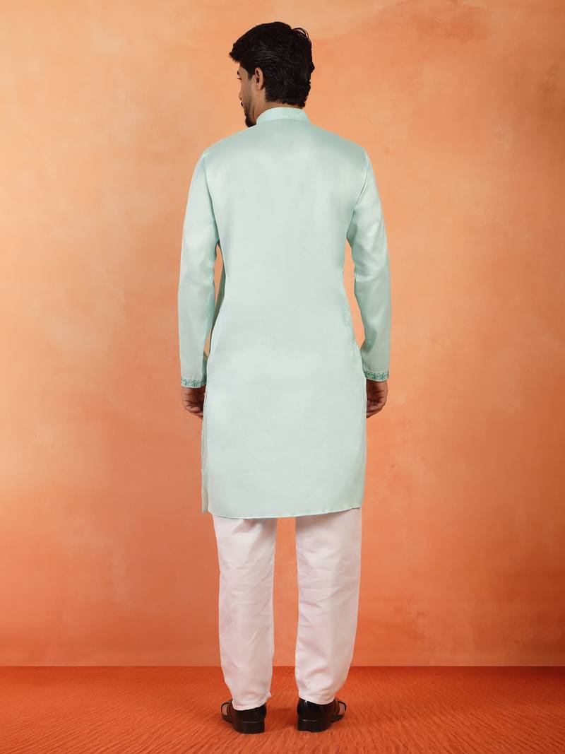 Cotton silk embroidered floral mint green kurta