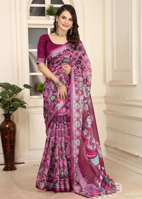 magenta cotton blend saree floral print 2