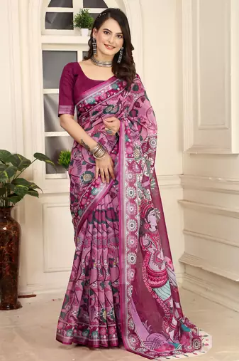 magenta cotton blend saree floral print