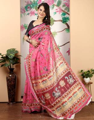 pink cotton blend saree with floral print 3