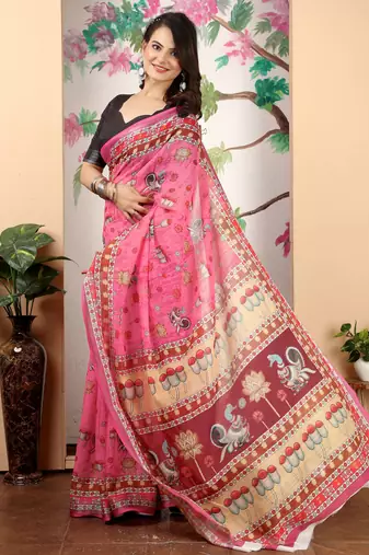 pink cotton blend saree with floral print