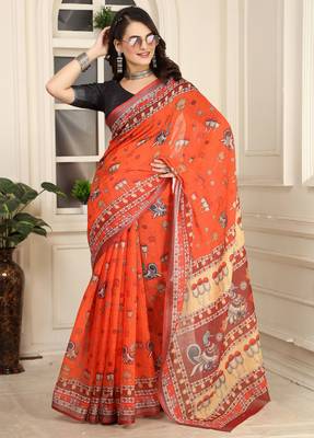 orange red cotton blend digital print saree 4