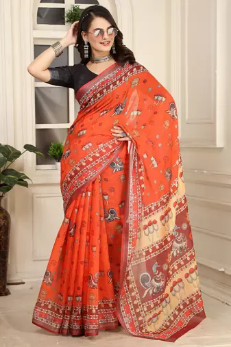 orange red cotton blend digital print saree