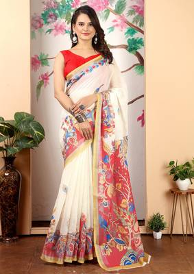 cream cotton blend saree with floral print 1