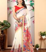 cream cotton blend saree with floral print