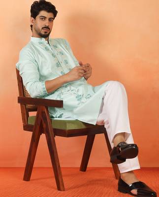 Cotton silk embroidered floral mint green kurta 4