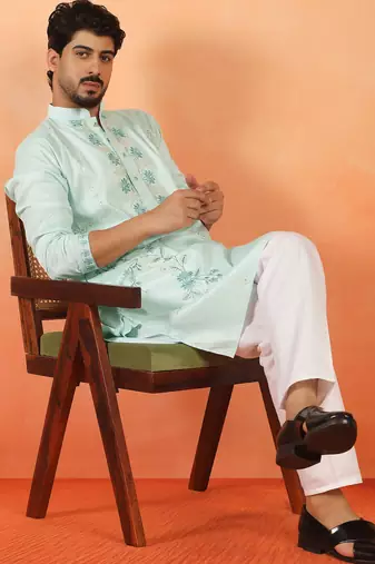 Cotton silk embroidered floral mint green kurta