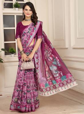 magenta cotton blend saree floral print 3