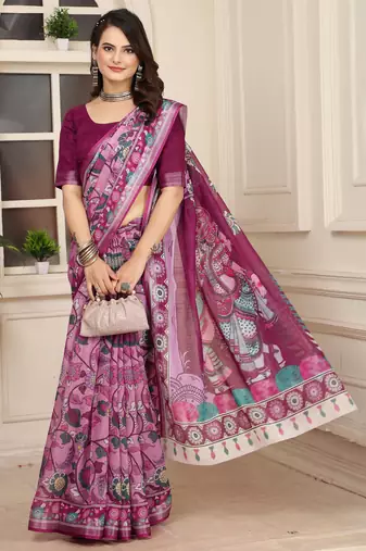 magenta cotton blend saree floral print