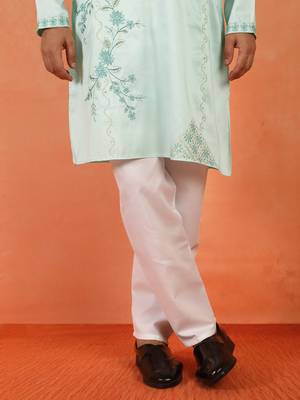 Cotton silk embroidered floral mint green kurta 5