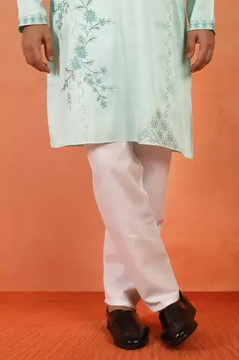 Cotton silk embroidered floral mint green kurta