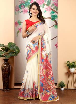 cream cotton blend saree with floral print 2
