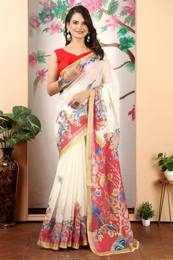 cream cotton blend saree with floral print
