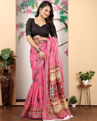 pink cotton blend saree with floral print 4