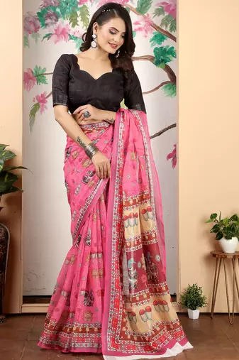 pink cotton blend saree with floral print