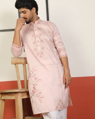 Cotton silk embroidered floral pink kurta 1